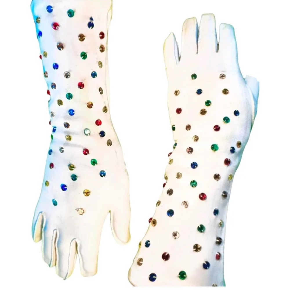 Schiaparelli vintage rhinestone embroidered gloves from the 1950s.